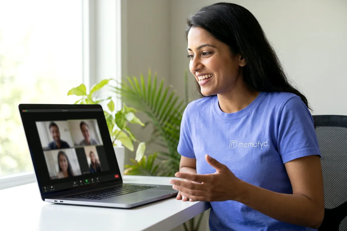 A woman in a Memofyd t-shirt talking on a video call, four participants visible on her laptop screen.