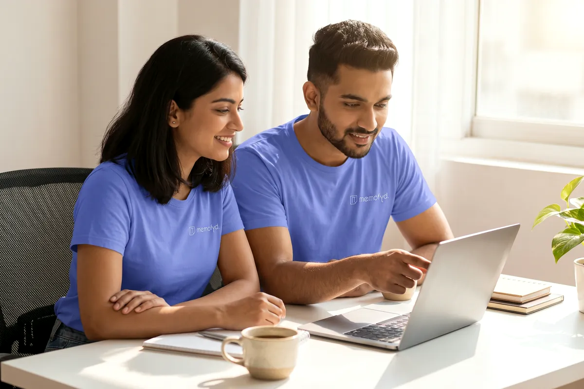 Two colleagues in Memofyd t-shirts at a sunlit desk, looking at a laptop together.