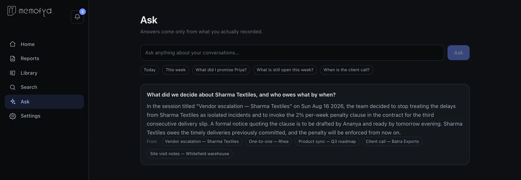 The Ask screen answering a question about a vendor decision, with the five source conversations listed beneath the answer.