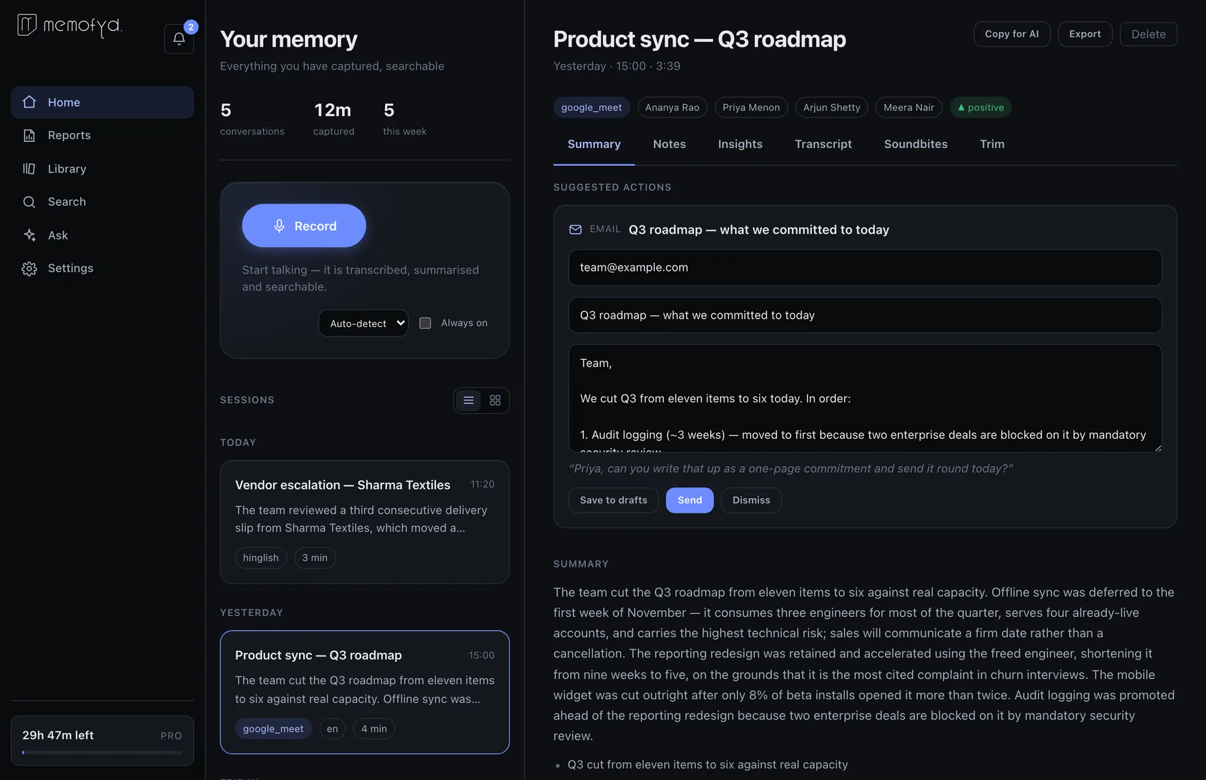 A captured Google Meet showing tabs for Summary, Notes, Insights, Transcript, Soundbites and Trim, with a drafted recap email ready to open in a mail app.