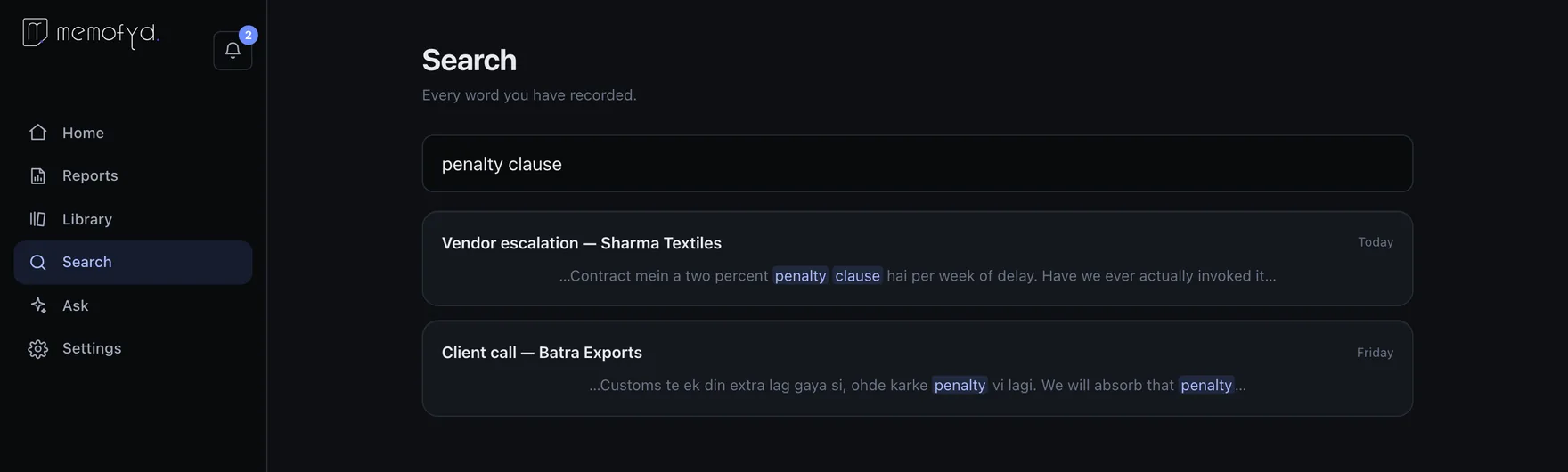 A search for the words penalty clause returning two conversations, one in Hinglish and one in Punjabi, with the matched words highlighted in context.